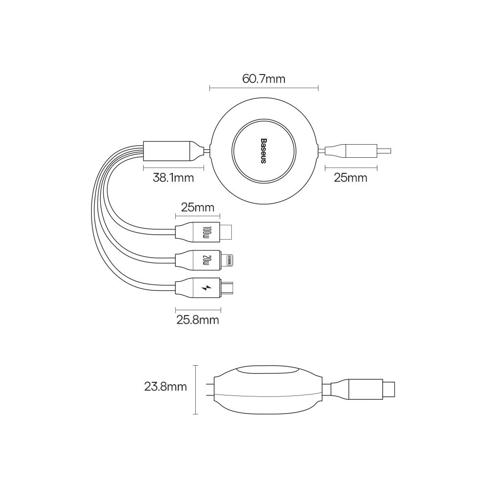 Zavíratelný kabel 3w1 Baseus Bright Mirror 2 USB-C - micro USB + Lightning + USB-C 3.5A 1.1m černý