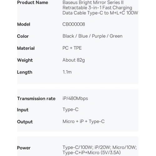 Zwijany kabel 3w1 Baseus Bright Mirror 2 USB-C - micro USB + Lightning + USB-C 3.5A 1.1m niebieski