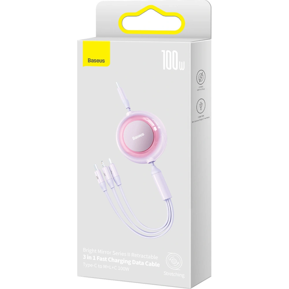 Zavinutý kabel 3w1 Baseus Bright Mirror 2 USB-C - micro USB + Lightning + USB-C 3.5A 1.1m fialový