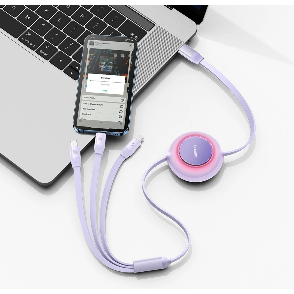 Zavinutý kabel 3w1 Baseus Bright Mirror 2 USB-C - micro USB + Lightning + USB-C 3.5A 1.1m fialový