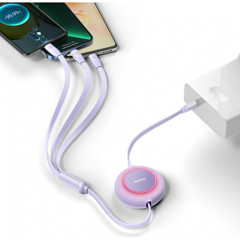 Zavinutý kabel 3w1 Baseus Bright Mirror 2 USB-C - micro USB + Lightning + USB-C 3.5A 1.1m fialový