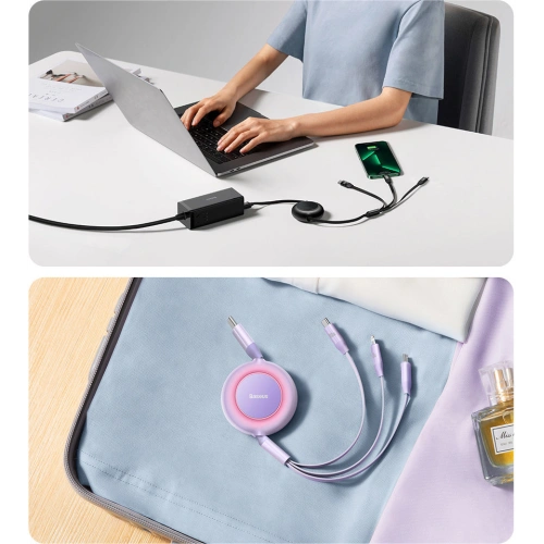 Zwijany kabel 3w1 Baseus Bright Mirror 2 USB-C - micro USB + Lightning + USB-C 3.5A 1.1m fioletowy