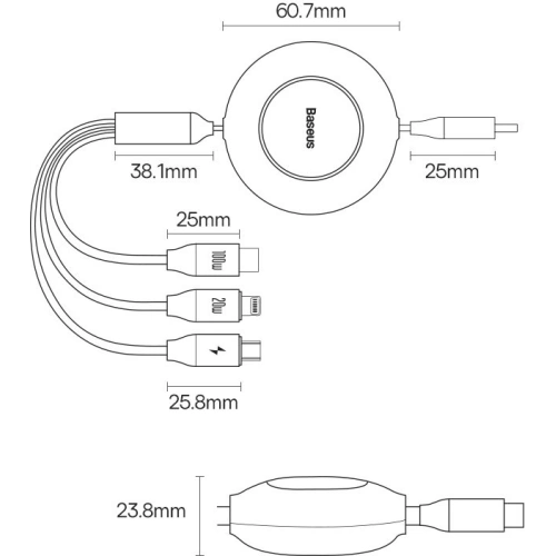 Zwijany kabel 3w1 Baseus Bright Mirror 2 USB-C - micro USB + Lightning + USB-C 3.5A 1.1m fioletowy