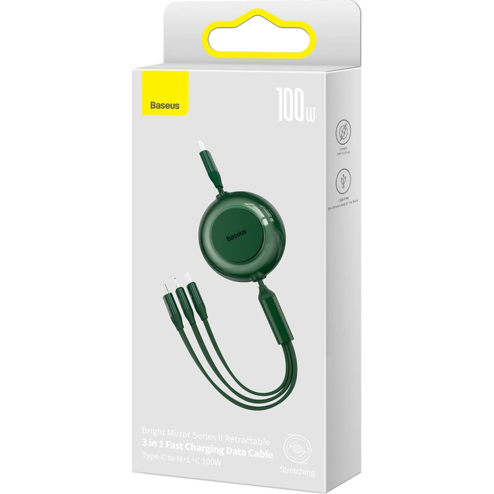 Zavíratelný kabel 3w1 Baseus Bright Mirror 2 USB-C - micro USB + Lightning + USB-C 3.5A 1.1m zelený