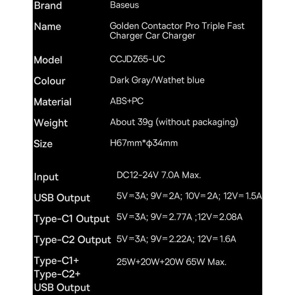Hurtownia GSM - Automobilová nabíječka Baseus Golden Contactor Pro USB-A + 2x USB-C 65W modrá - BSU3366BLU - {ean13} - Hurt