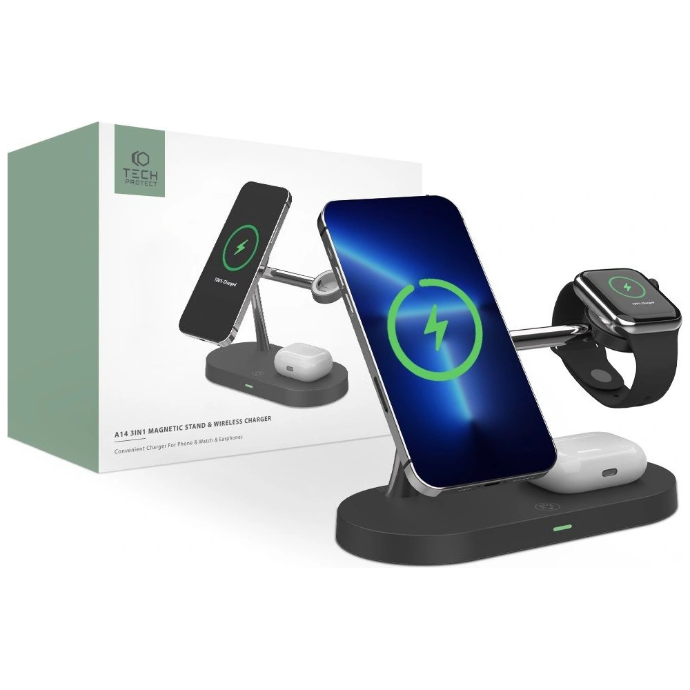 Hurtownia GSM - Bezdrátová nabíječka MagSafe Tech-Protect A14 3in1 Magnetic Wireless Charger Černá - THP1136BLK - {ean13} - Hurt
