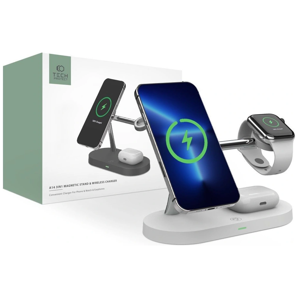 Hurtownia GSM - Bezdrátová nabíječka MagSafe Tech-Protect A14 3in1 Magnetic Wireless Charger White - THP1137WHT - {ean13} - Hurt