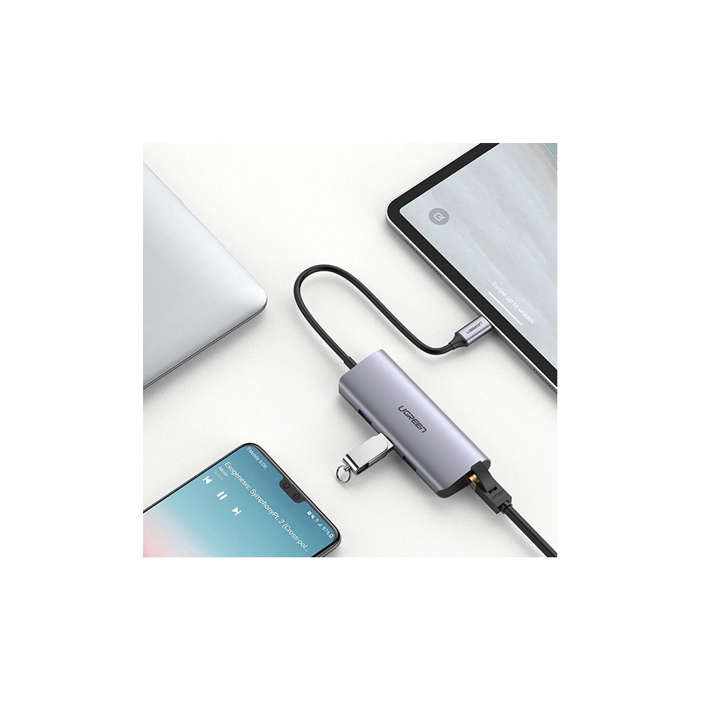 Hurtownia GSM - Adapter HUB UGREEN CM252 USB- C - 3 x USB / Ethernet RJ-45 / microUSB szary - UGR1299GRY - {ean13} - Hurt