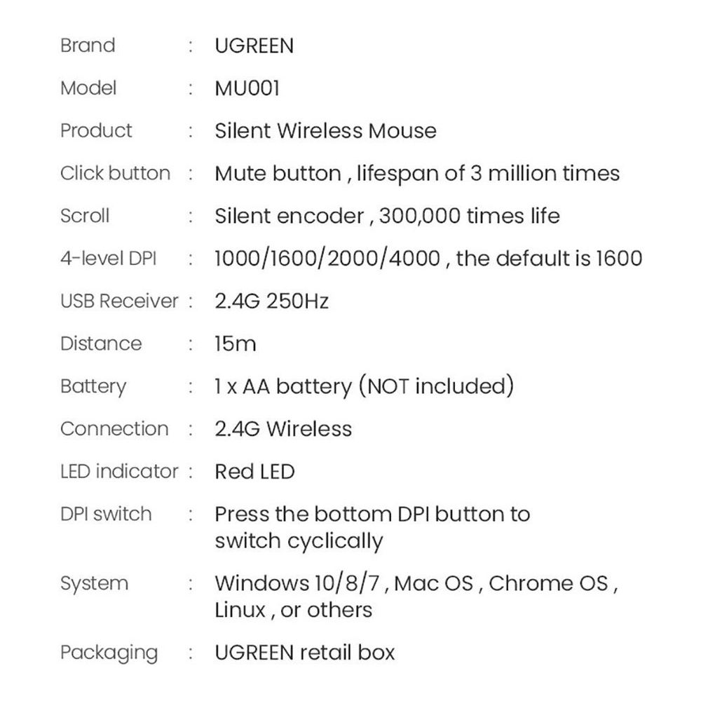 Wholesale UGREEN MU001 handy wireless USB mouse green - UGR1309GRN - {ean13} - Hurt