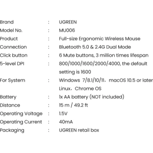 Hurtownia GSM - Bezdrátová myš UGREEN MU006 USB 2.4GHz 4000DPI černá - UGR1323BLK - {ean13} - Hurt