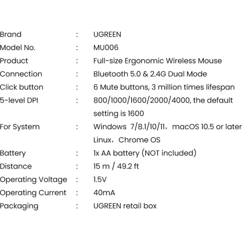 Mysz bezprzewodowa UGREEN MU006 USB 2.4GHz 4000DPI czarny