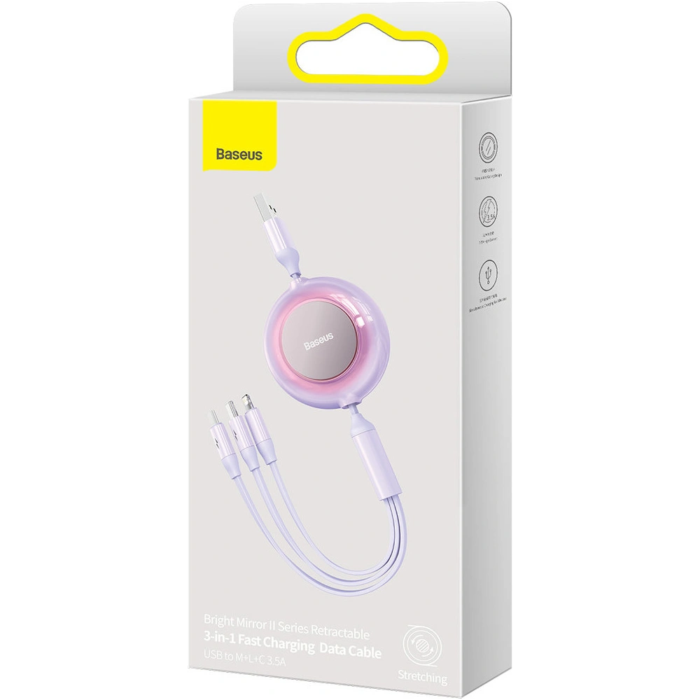 Kabel Baseus Bright Mirror 2 3w1 USB-A - microUSB + Lightning + USB-C 3.5A 1.1m fialový