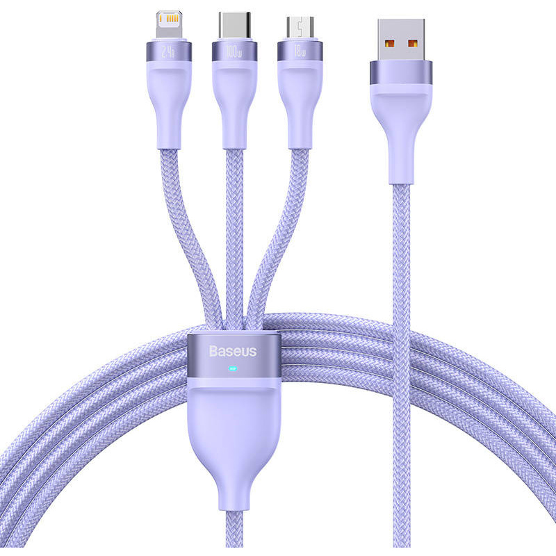 Baseus Distributor - 6932172608736 - BSU3413PRP - Baseus Flash Series Cable 3w1 USB-A - USB-C + micro USB + Lightning 100W 1.2m (purple) - B2B homescreen