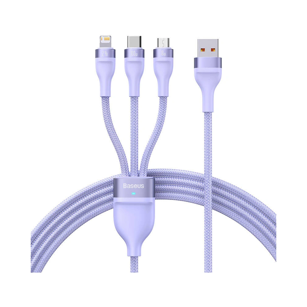 Kabel Baseus Flash Series 3w1 USB-A - USB-C + micro USB + Lightning 100W 1.2m (fialový)