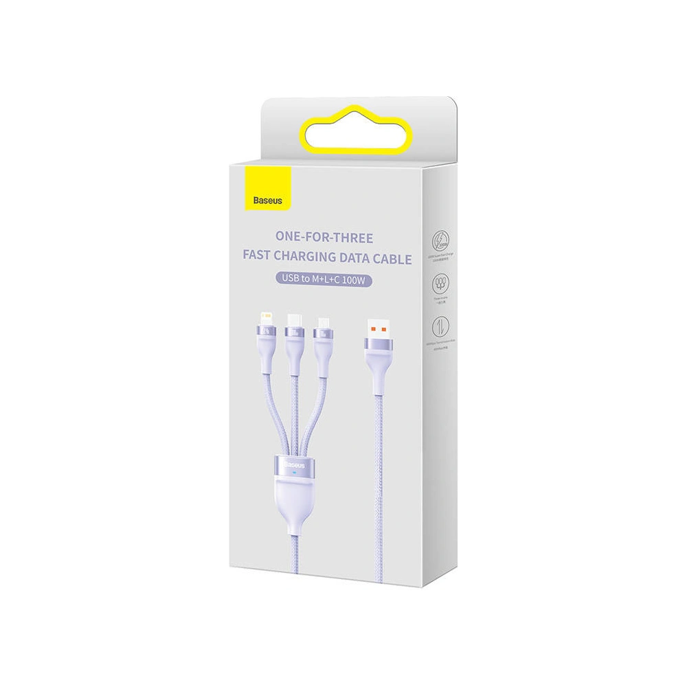 Kabel Baseus Flash Series 3w1 USB-A - USB-C + micro USB + Lightning 100W 1.2m (fialový)