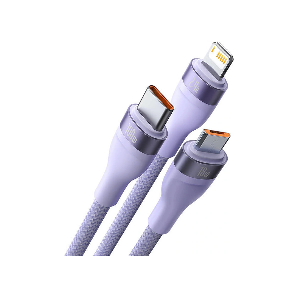 Kabel Baseus Flash Series 3w1 USB-A - USB-C + micro USB + Lightning 100W 1.2m (fialový)