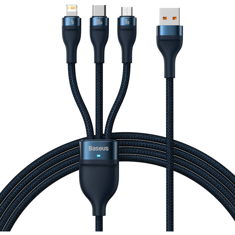Baseus Distributor - 6932172608729 - BSU3414BLU - Baseus Flash Series Cable 3w1 USB-A - USB-C + micro USB + Lightning 100W 1.2m (blue) - B2B homescreen