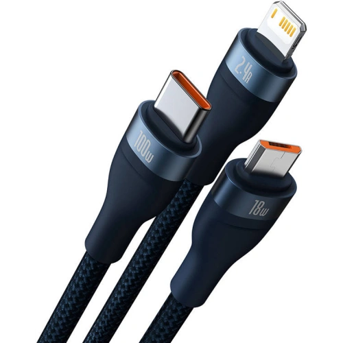 Kabel Baseus Flash Series 3w1 USB-A - USB-C + micro USB + Lightning 100W 1.2m (niebieski)