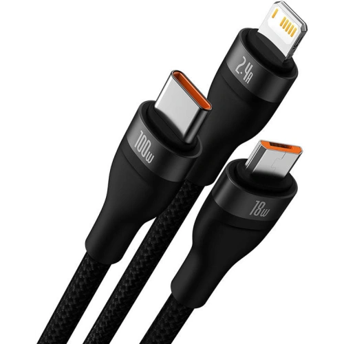 Kabel Baseus Flash Series 3w1 USB-A - USB-C + micro USB + Lightning 100W 1.2m (czarny)