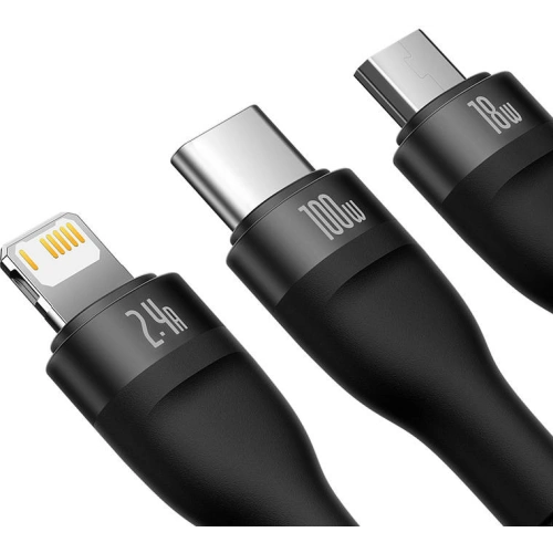 Kabel Baseus Flash Series 3w1 USB-A - USB-C + micro USB + Lightning 100W 1.2m (czarny)
