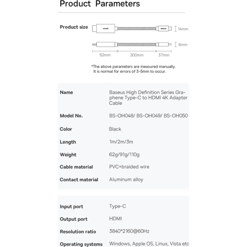 Kabel Baseus High Definition Series USB-C - HDMI 2.0 4K 60Hz 2m czarny