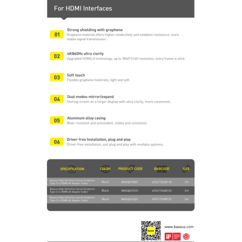 Kabel Baseus High Definition Series USB-C - HDMI 2.0 4K 60Hz 2m czarny