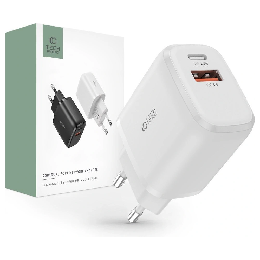 Hurtownia GSM - Netzteil-Ladegerät Tech-Protect C20W 2-Port Netzladegerät PD 20W QC 3.0 Weiß - THP1169WHT - {ean13} - Hurt
