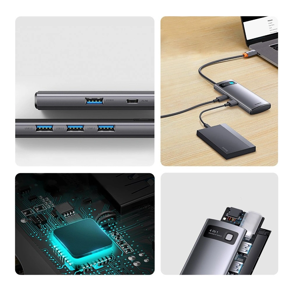 Wholesale Baseus Metal Gleam Series HUB 4in1 USB-C - 3 x USB 3.2 Gen.1 + RJ45 - BSU3443 - {ean13} - Hurt