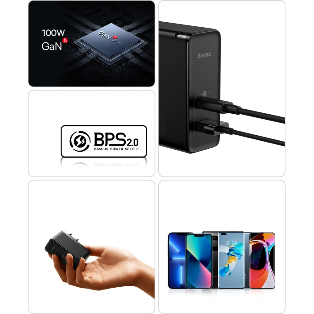 Hurtownia GSM - Ładowarka sieciowa Baseus GaN5 Pro USB-C/USB 100W PD 3.0 QC4 .0+ AFC biały - BSU3450WHT - {ean13} - Hurt
