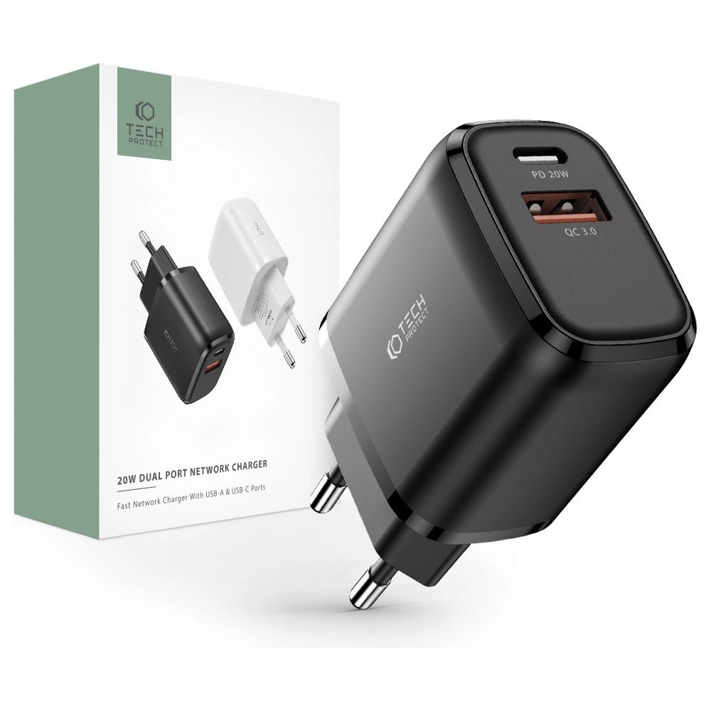 Hurtownia GSM - Ładowarka sieciowa Tech-Protect C20W 2-port Network Charger PD 20W QC 3.0 Black - THP1170BLK - {ean13} - Hurt