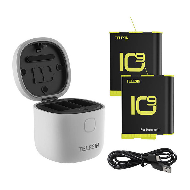 Telesin Distributor - 6972860179766 - TLS091 - Telesin 3-slot waterproof charger Allin box for GoPro Hero 9 / Hero 10 + 2 batteries (GP-BTR-905-GY-B) - B2B homescreen