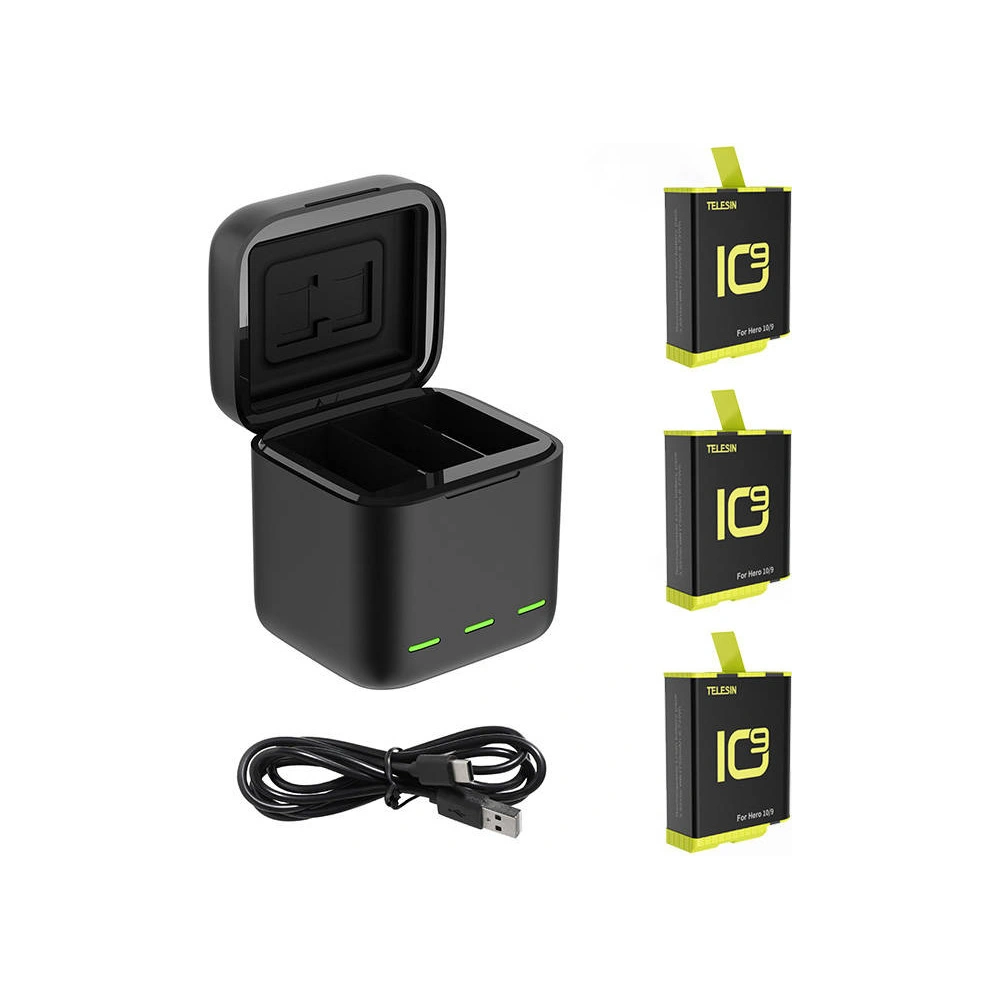 Hurtownia GSM - Nabíječka tříkanálová Box Telesin pro GoPro Hero 9 / Hero 10 + 3 akumulátory (GP-BNC-902-B) - TLS093 - {ean13} - Hurt