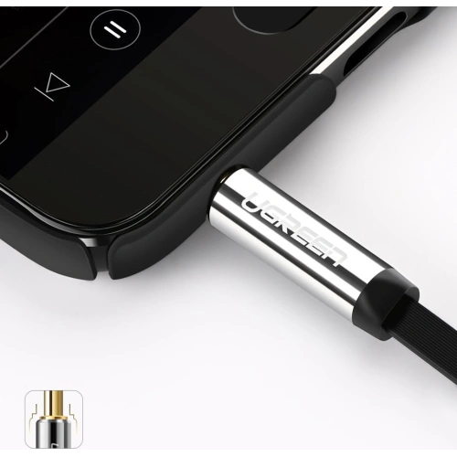 Kątowy płaski kabel UGREEN AV119 audio AUX 3,5mm mini jack 0,5m czarny