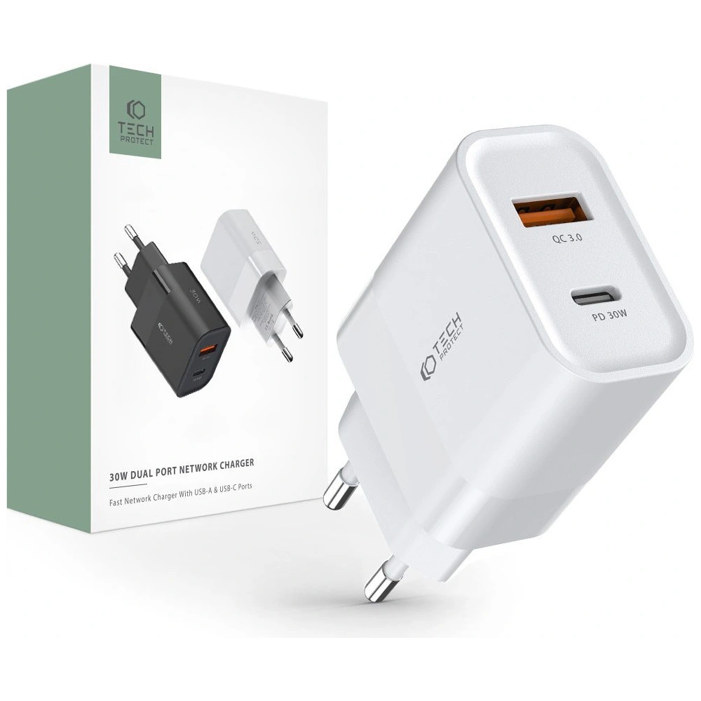 Hurtownia GSM - Ładowarka sieciowa Tech-Protect C30W 2-port Network Charger PD 30W QC 3.0 White - THP1174WHT - {ean13} - Hurt