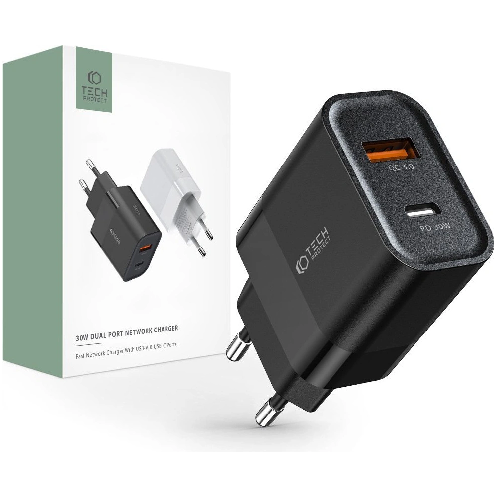 Hurtownia GSM - Ładowarka sieciowa Tech-Protect C30W 2-port Network Charger PD 30W QC 3.0 Black - THP1175BLK - {ean13} - Hurt