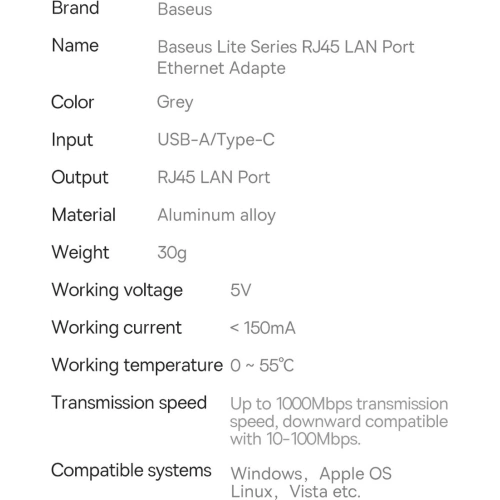 Adapter Baseus Lite Series USB-C - RJ45 1000Mbps czarny