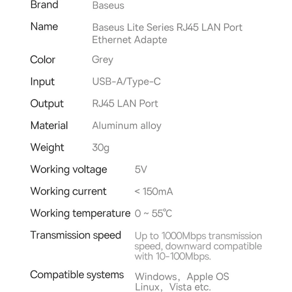 Adaptér Baseus Lite Series USB-C - RJ45 1000Mbps černý