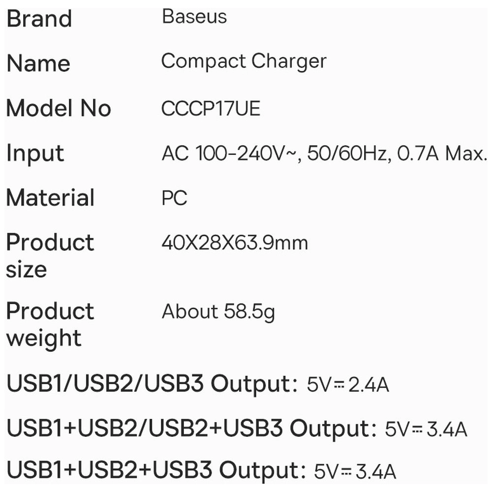Hurtownia GSM - Napájecí adaptér Baseus Compact 3x USB-A 17W černý - BSU3467BLK - {ean13} - Hurt