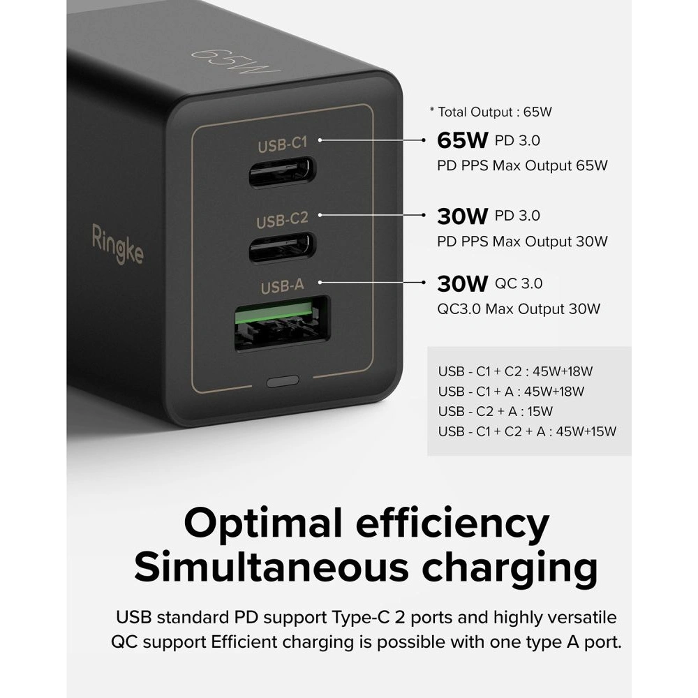 Hurtownia GSM - Síťová nabíječka Ringke Charger GaN 3-port 65W černá - RGK1641BLK - {ean13} - Hurt