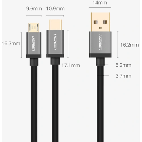 Kabel UGREEN US196 USB - USB-C + microUSB 1m czarny