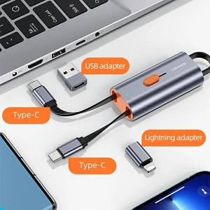 Adapter USAMS 4w1 2xUSB-C / USB-C na USB-A/ USB-C na Lightning 60W stalowy/steel SJ560USB01