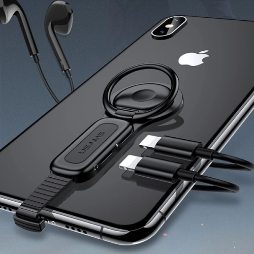 Adapter USAMS AU06 2w1 Lightning - 2 x lightning + ring holder czarny/black SJ274LN01