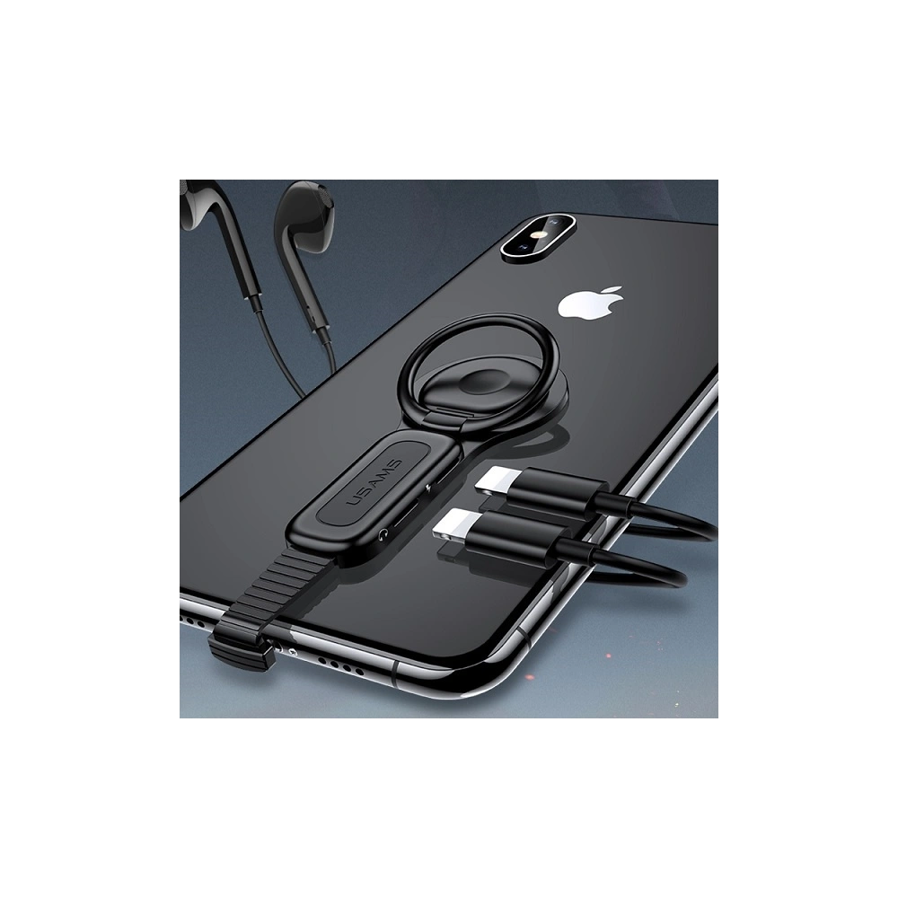 Adaptér USAMS AU06 2w1 Lightning - 2 x lightning + držák na telefon černý/black SJ274LN01