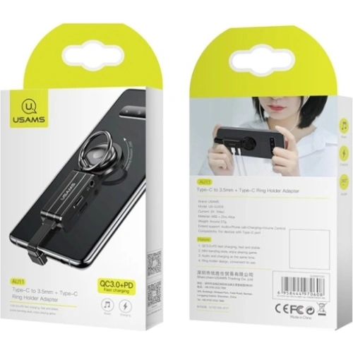 Adapter USAMS AU11 2w1 USB-C - 3,5mm + USB-C +  ring holder czarny/black SJ359TC01