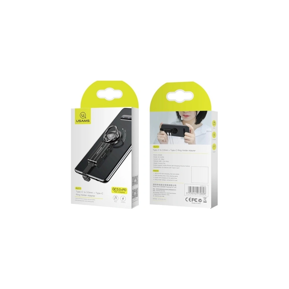 Adaptér USAMS AU11 2w1 USB-C - 3,5mm + USB-C + držák na telefon černý/black SJ359TC01