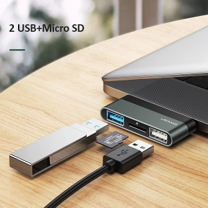 Hurtownia GSM - Adapter USAMS USB-C Mini HUB 2xUSB +Micro SD szary/grey SJ463HUB01 - USA034GRY - {ean13} - Hurt