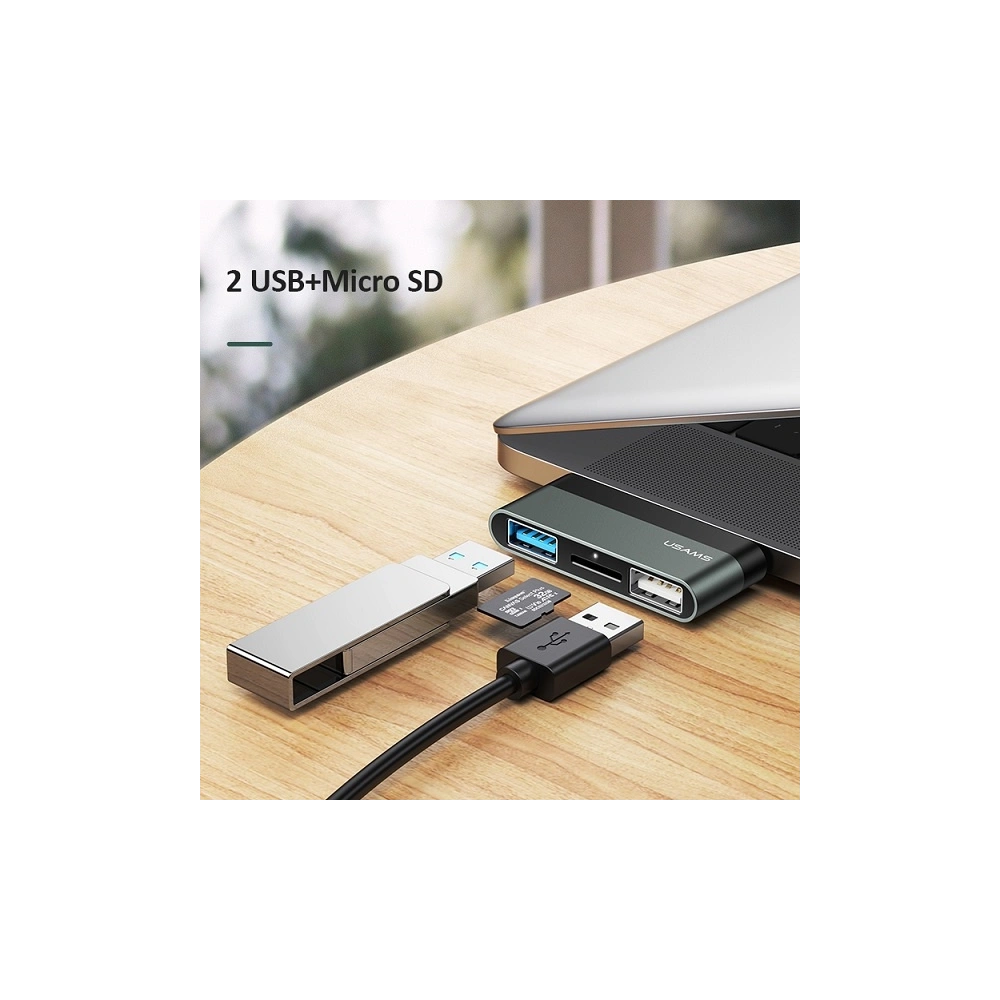 Hurtownia GSM - Adapter USAMS USB-C Mini HUB 2xUSB +Micro SD szary/grey SJ463HUB01 - USA034GRY - {ean13} - Hurt