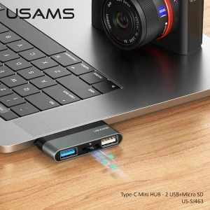Hurtownia GSM - Adapter USAMS USB-C Mini HUB 2xUSB +Micro SD szary/grey SJ463HUB01 - USA034GRY - {ean13} - Hurt