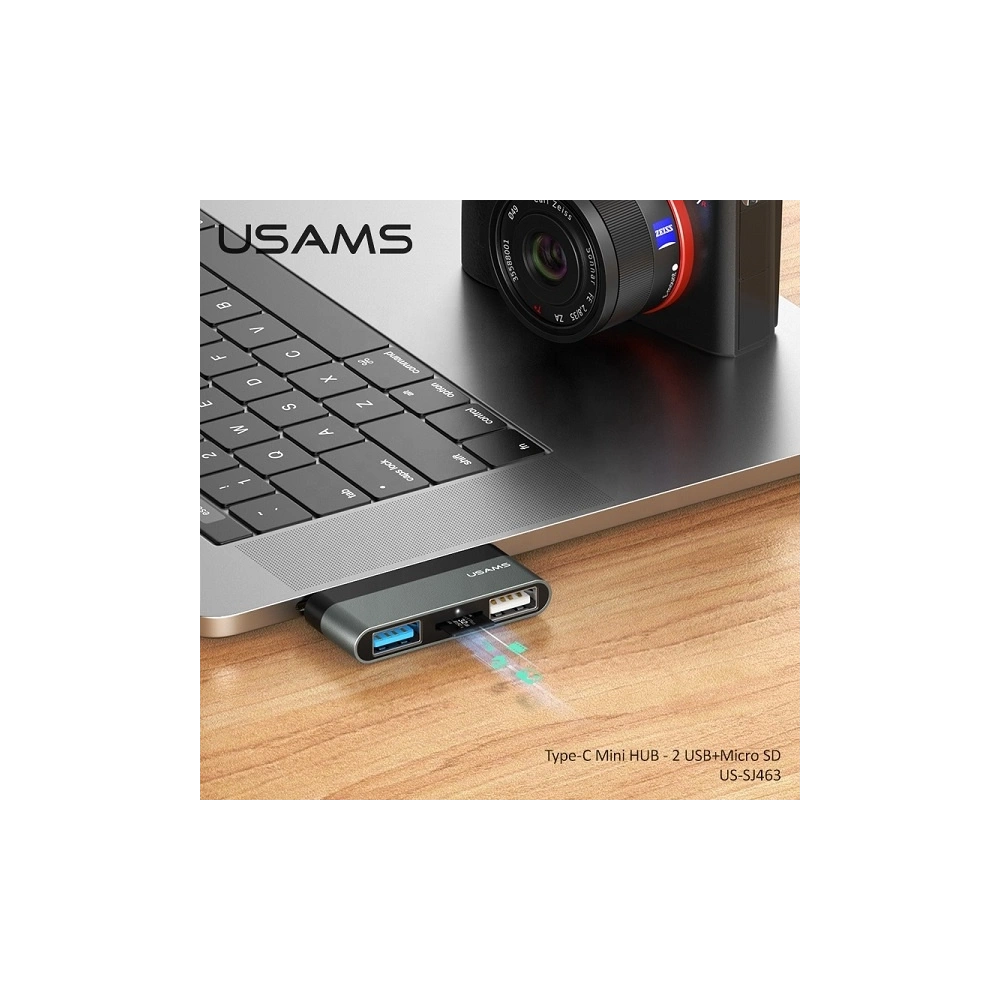 Hurtownia GSM - Adapter USAMS USB-C Mini HUB 2xUSB +Micro SD szary/grey SJ463HUB01 - USA034GRY - {ean13} - Hurt