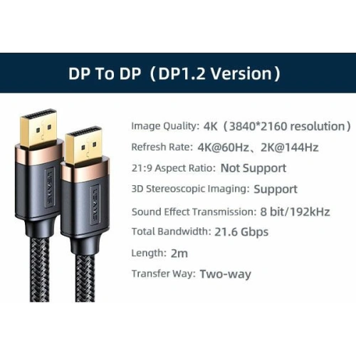 Kabel USAMS U74 DisplayPort - DisplayPort 2.0m czarny/black 4K HD SJ531HD01